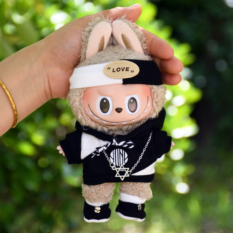 Handmade Labubu set can be paired with Labubu V1 Macaron and V2 seats 17cm canvas pendant clothes trendy hoodie set keychain Labubu fashionable cool baby clothes (excluding dolls)