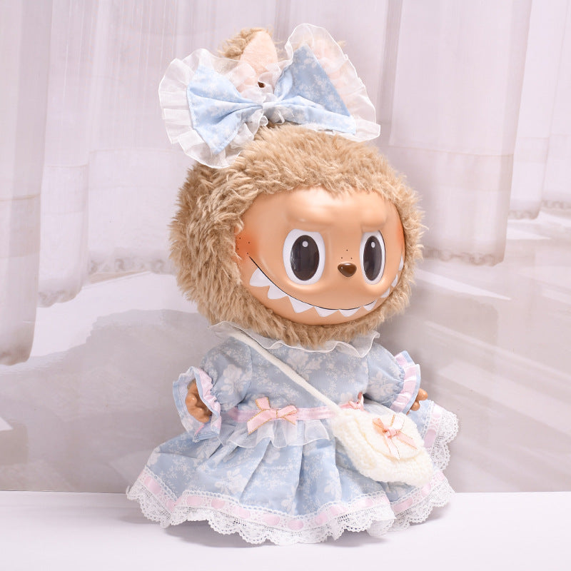 Handmade Labubu set can be paired with Labubu V1 Macaron and V2 seats featuring 38cm canvas doll clothes Labubu dolls can replace blue printed rose dresses (excluding dolls)