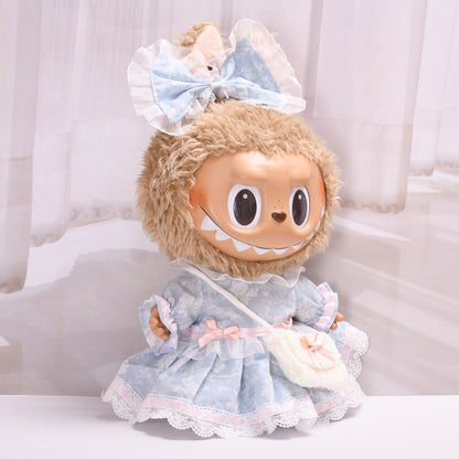 Handmade Labubu set can be paired with Labubu V1 Macaron and V2 seats featuring 38cm canvas doll clothes Labubu dolls can replace blue printed rose dresses (excluding dolls)