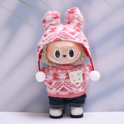 Handmade Labubu set can be paired with Labubu V1 Macaron and V2 seat accessories knitted printed woolen ball hat set Labubu plush baby clothes (excluding dolls)