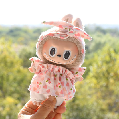 Handmade Labubu set can be paired with Labubu V1 Macaron and V2 seats with 17cm hanging pieces made of canvas fabric as a substitute for headband style pink cherry three piece set of vinyl doll clothes (excluding dolls)