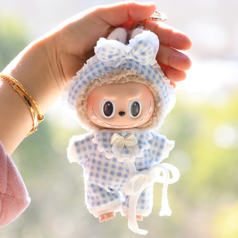 Handmade Labubu set can be paired with Labubu V1 Macaron and V2 seats 15cm pendant canvas clothes checkered pajamas, three piece set keychain vinyl doll baby clothes (excluding dolls)