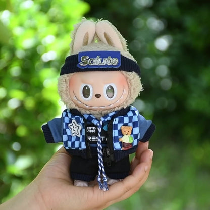 Handmade Labubu set can be paired with Labubu V1 Macaron and V2 seats 17cm Labubu pendant clothes fashionable blue plaid hoodie set ragcloth casual dressing clothes (excluding dolls)