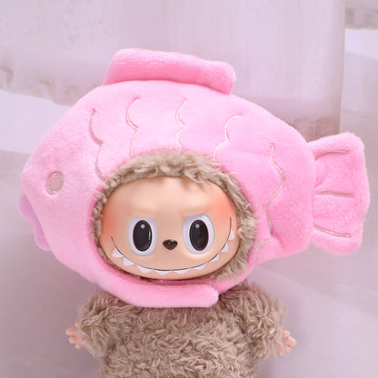 Handmade Labubu set can be paired with Labubu V1 Macaron and V2 seat 17cm pendant canvas clothing accessories pink goldfish head cover keychain Labubu cute hat (excluding dolls)