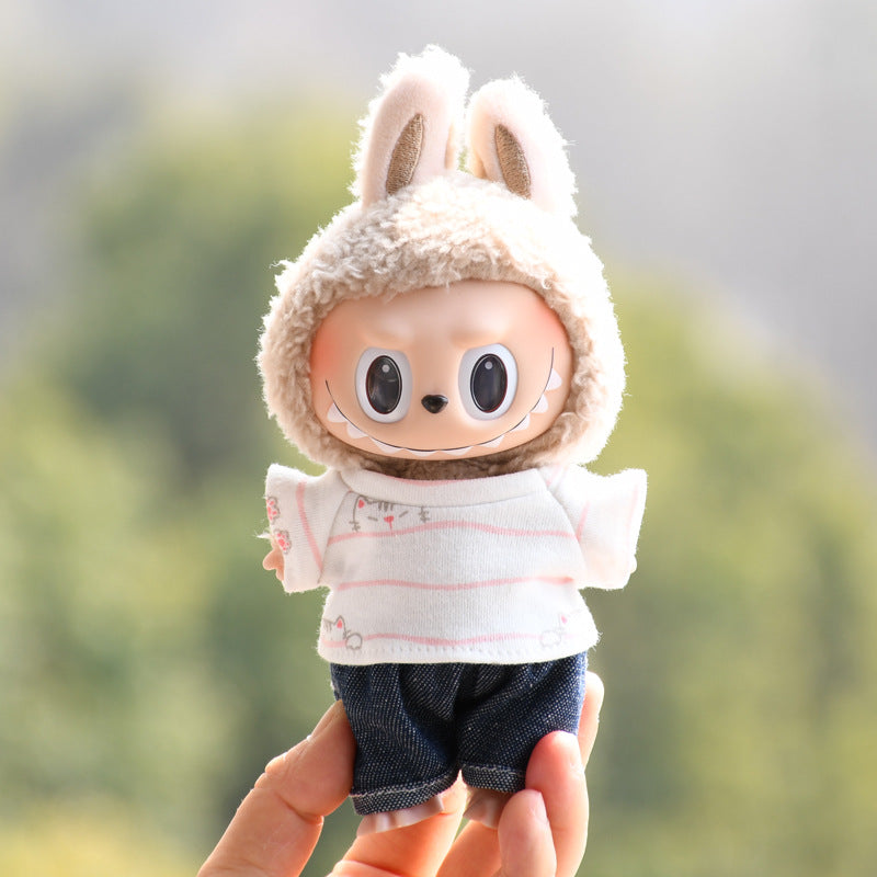 Handmade Labubu set can be paired with Labubu V1 Macaron and V2 seats 17cm pendant ragcloth clothes kitten striped T-shirt two-piece set ragcloth doll clothing replacement (excluding dolls)