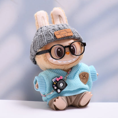 Handmade Labubu set can be paired with Labubu V1 Macaron and V2 seats blue knitted vest glasses hat set Labubu doll clothes (excluding dolls)