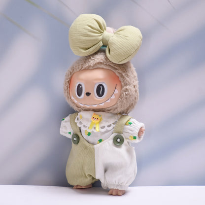 Handmade Labubu Outfit First and Second Generation Seating Labubu Cloth Pendant Clothes Labubu Baby Clothes Big Bow Strap Pants Set (not including dolls)
