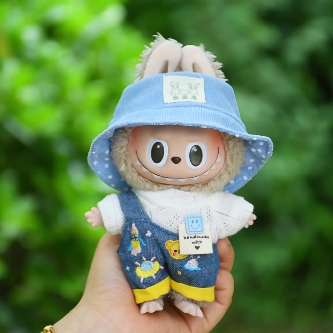 Handmade Labubu set can be paired with Labubu V1 Macaron and V2 seats blind box 17cm canvas pendant clothes cute denim cartoon overalls set Labubu baby clothes cute (except for dolls)