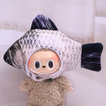 Handmade Labubu set can be paired with Labubu V1 Macaron and V2 seat 17cm pendant canvas clothing accessories, crucian carp head cover keychain Labubu cute hat (excluding dolls)