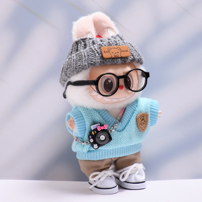 Handmade Labubu set can be paired with Labubu V1 Macaron and V2 seats blue knitted vest glasses hat set Labubu doll clothes (excluding dolls)