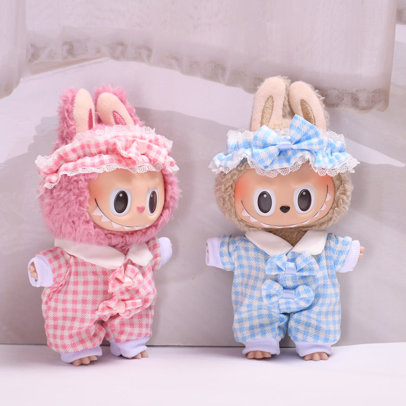 Handmade Labubu set can be paired with Labubu V1 Macaron and V2 seats Checkered pajama set climbing suit 17cm Labubu doll jacket (excluding dolls)