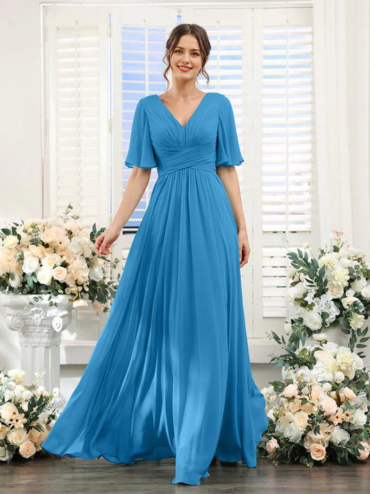 AerbaDress Bridesmaid Dress A-Line Formal Party Dresses V-Neck Sleeve for Wedding Guest with Slit