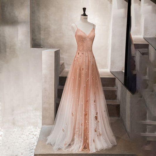 AerbaDress Prom Gowns Open Back Spaghetti Straps Prom Dresses Tulle V Neck Beauty