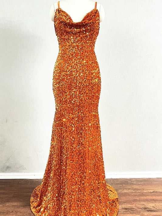 AerbaDress Spaghetti Strap Cowl Neckline Fitted Velvet Sequin Prom Dresses