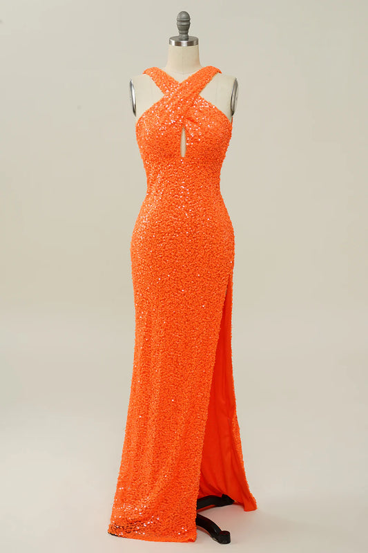 AerbaDress Orange Halter Sequined Backless Mermaid Prom Dress