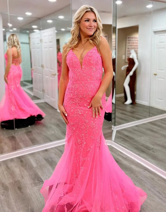 AerbaDress Mermaid V-Neck Corset Back Lace Prom Dress