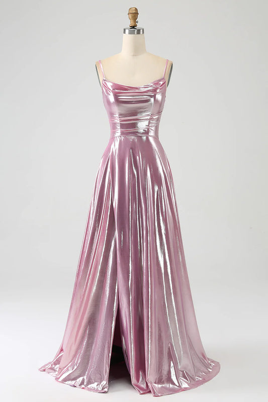 AerbaDress Stunning A Line Spaghetti Straps Pink Long Prom Dress with Split Front