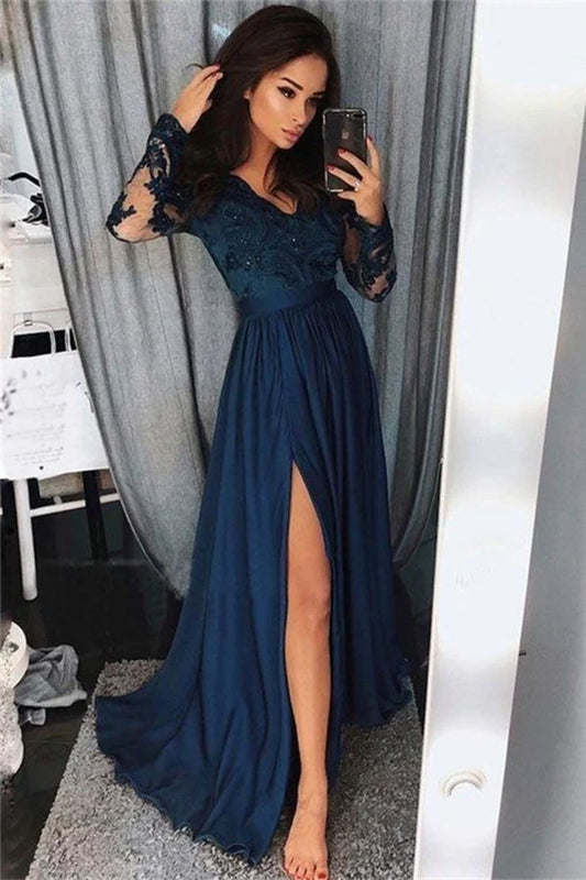 AerbaDress Pretty Prom Dresses Long Sleevesl Lace Front Split Women Dresses