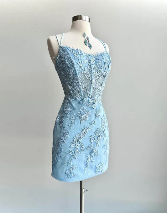 AerbaDress Pretty Blue Spaghetti Straps Short Tight Homecoming Dress With Appliques