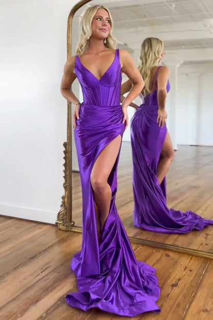 AerbaDress Prom Dress Satin V-Neck Sweep Train Mermaid With Slit