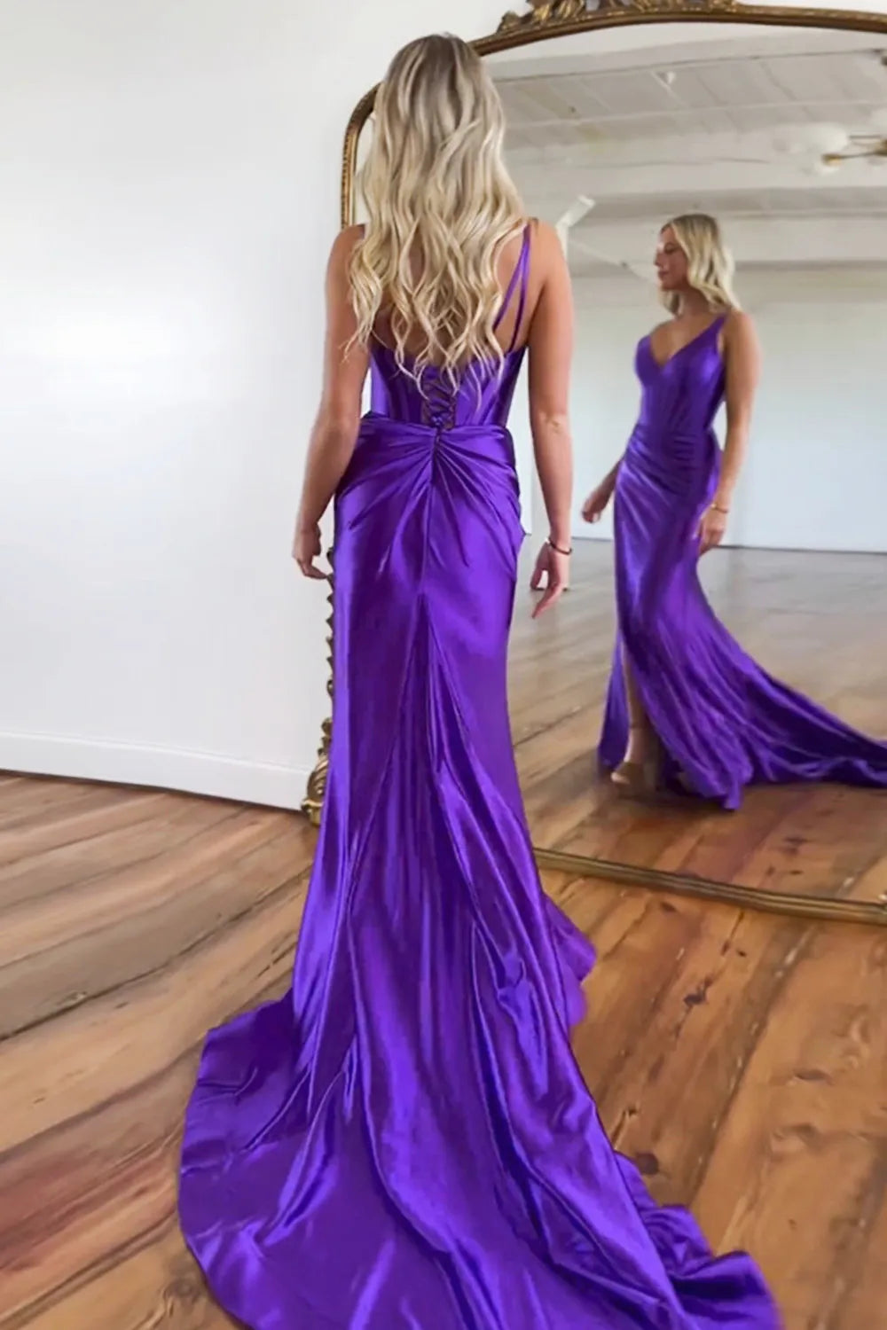 AerbaDress Prom Dress Satin V-Neck Sweep Train Mermaid With Slit