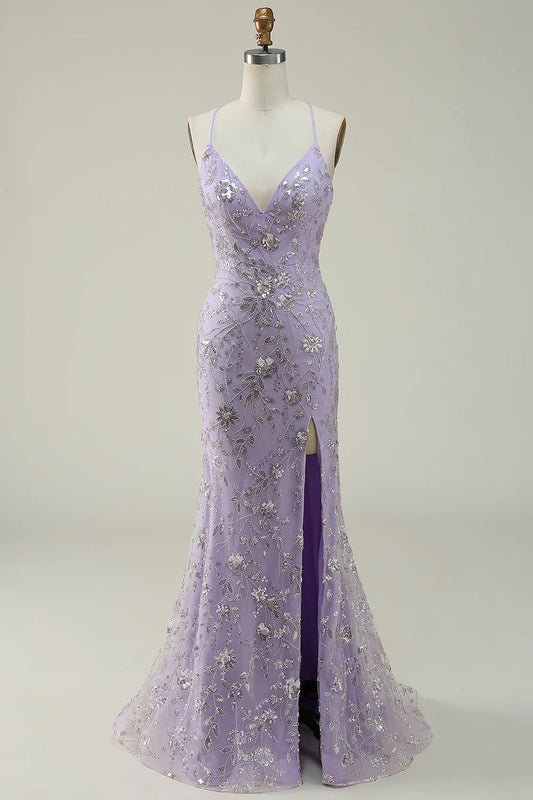 AerbaDress Mermaid Spaghetti Straps Purple Long Prom Dress with Beading
