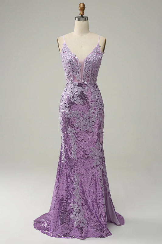 AerbaDress Mermaid Spaghetti Straps Purple Long Prom Dress with Appliques