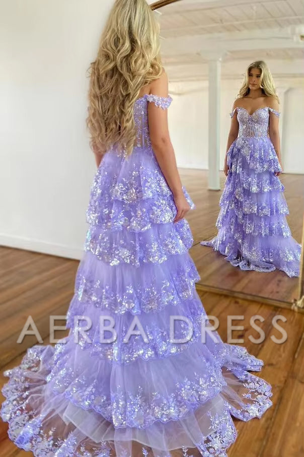 AERBA DRESS Evening Dress A LineTulle Off the Shoulder Sweetheart Tiered Ruffles Prom Dresses Split Sleeveless Corset Ball Gowns Long Dress