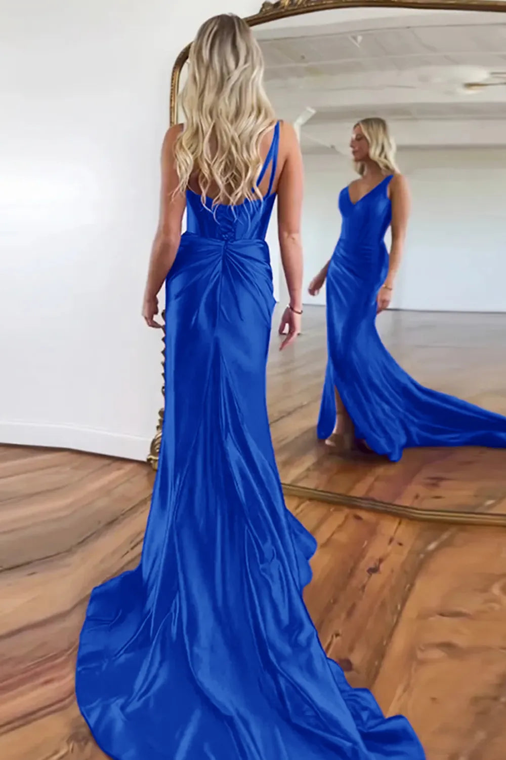 AerbaDress Prom Dress Satin V-Neck Sweep Train Mermaid With Slit