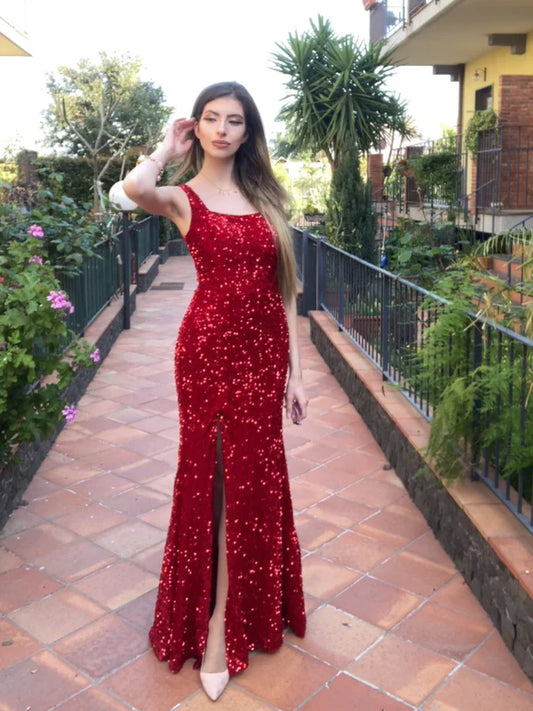 AerbaDress Sexy Fitted Square Sleeveless Long Floor Length Velvet Sequin Prom Dress