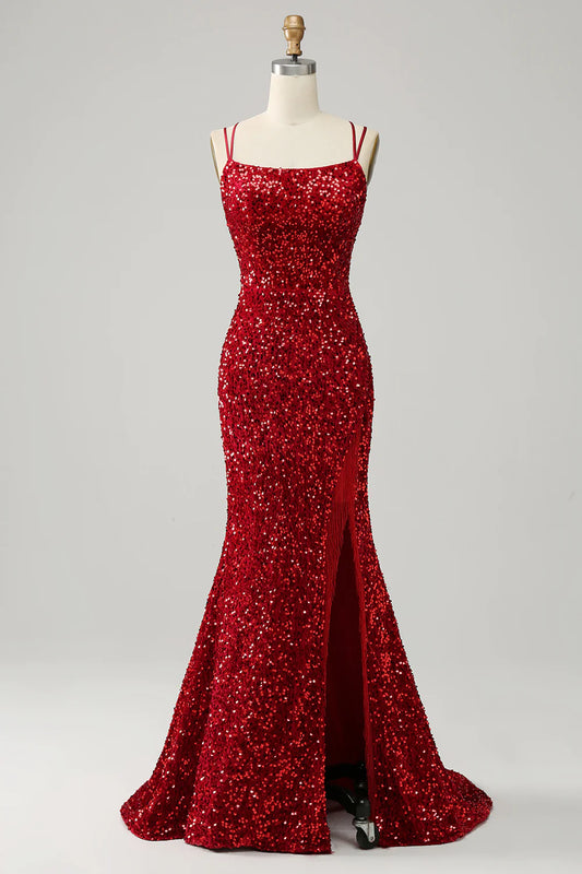 AerbaDress  Sparkly Mermaid Backless Long Prom Dress with Fringes