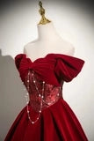 Regal Off-the-Shoulder Short-Beaded Burgundy Velvet Long Prom Dresses