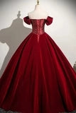 Regal Off-the-Shoulder Short-Beaded Burgundy Velvet Long Prom Dresses