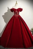 Regal Off-the-Shoulder Short-Beaded Burgundy Velvet Long Prom Dresses