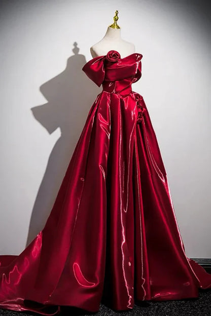 Regal Off-the-Shoulder Sleeveless Rose-Appliquéd Red Satin Long Prom Dresses