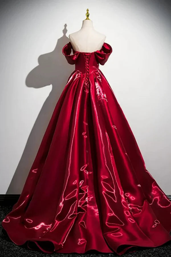 Regal Off-the-Shoulder Sleeveless Rose-Appliquéd Red Satin Long Prom Dresses