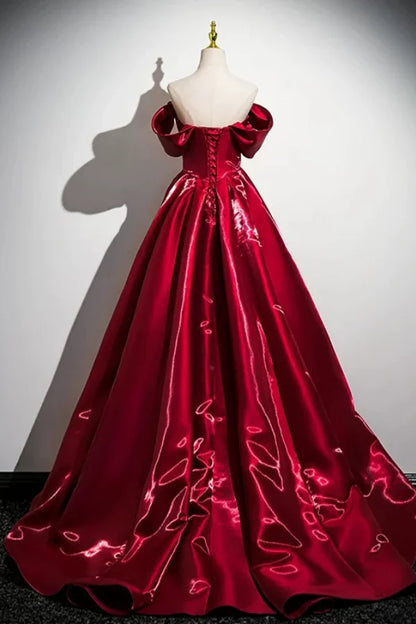 Regal Off-the-Shoulder Sleeveless Rose-Appliquéd Red Satin Long Prom Dresses