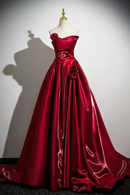 Regal Off-the-Shoulder Sleeveless Rose-Appliquéd Red Satin Long Prom Dresses