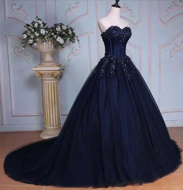 Regal Sweetheart Strapless Beaded Navy Blue Floor-Length Prom Dress