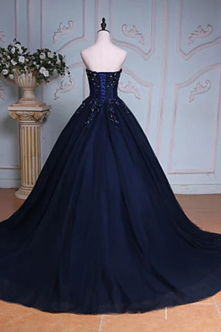 Regal Sweetheart Strapless Beaded Navy Blue Floor-Length Prom Dress
