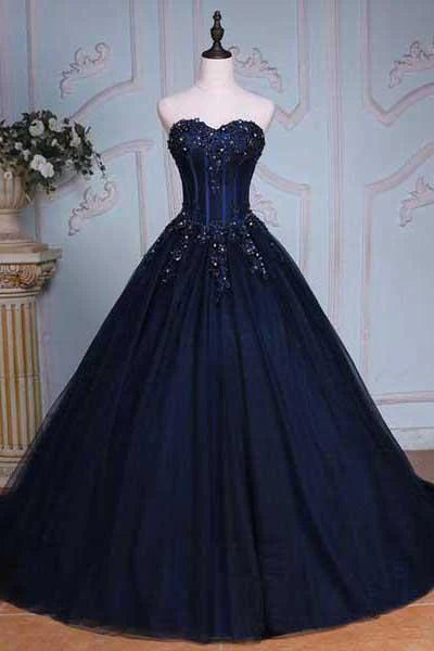 Regal Sweetheart Strapless Beaded Navy Blue Floor-Length Prom Dress
