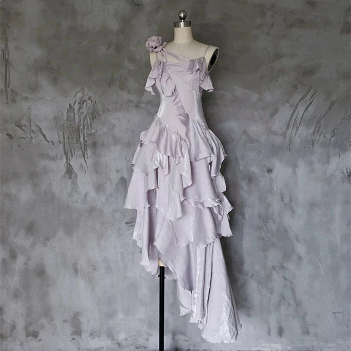 Romantic A-Line Asymmetrical Ruffled Lavender Satin High-Low Party Dresses