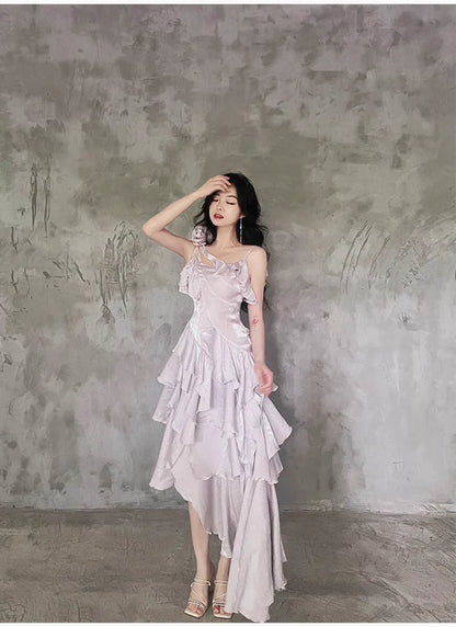 Romantic A-Line Asymmetrical Ruffled Lavender Satin High-Low Party Dresses