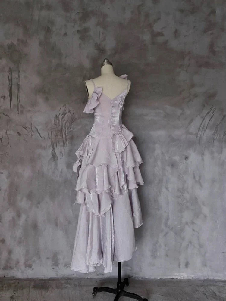 Romantic A-Line Asymmetrical Ruffled Lavender Satin High-Low Party Dresses