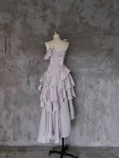 Romantic A-Line Asymmetrical Ruffled Lavender Satin High-Low Party Dresses