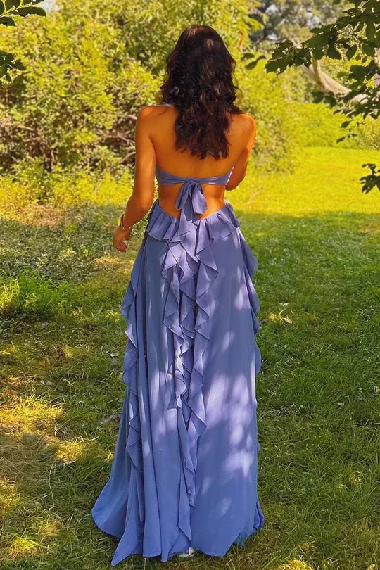 Romantic A-Line Halter Ruffled Lavender Floor-Length Prom Dress