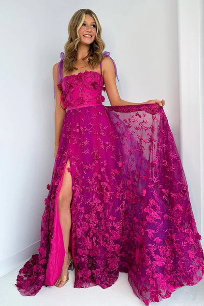 Romantic A-Line Spaghetti Strap 3D Floral Fuchsia Prom Dress