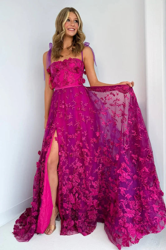 Romantic A-Line Spaghetti Strap 3D Floral Fuchsia Prom Dress