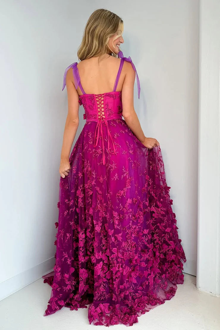 Romantic A-Line Spaghetti Strap 3D Floral Fuchsia Prom Dress