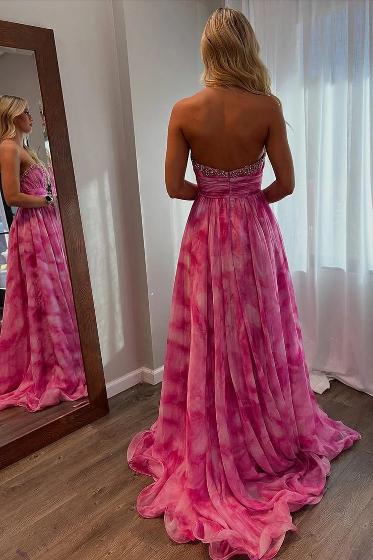 Romantic A-Line Strapless Beaded Tie-Dye Pink Floor-Length Prom Dress